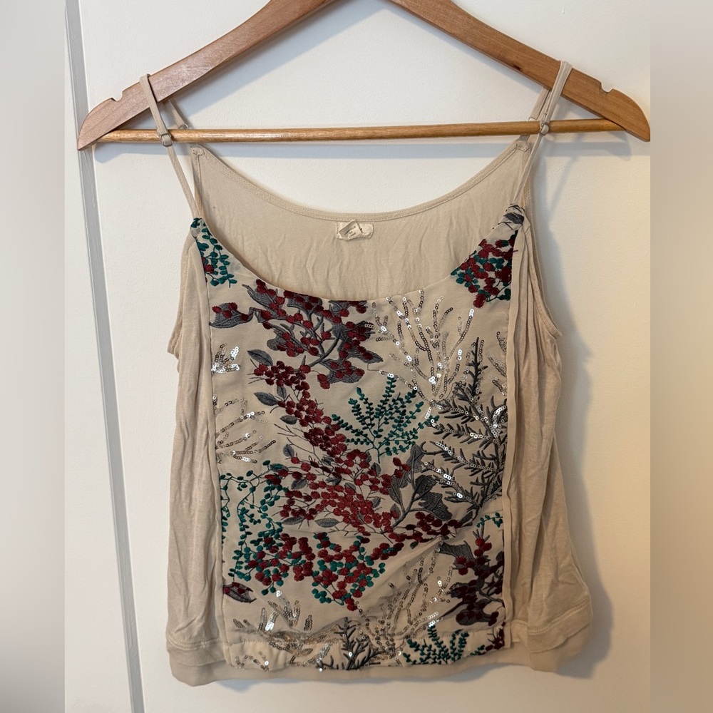 TINY via Anthropologie Floral Embroidered Sequin Beige Women's Tank